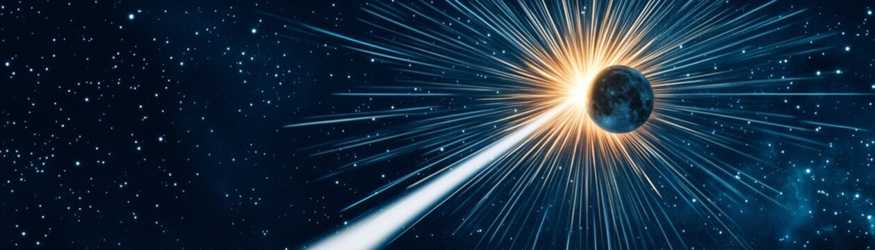 Dynamic Space Warp Dark Planet with Golden Corona and Blue Light Streaks, Intense Beam in Starry Cosmos. Concept Hyperspace Journey, Future Energy. ,Sci-fi, Cosmic