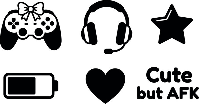 Line art icons set featuring game controller headset star battery heart and text cute but afk