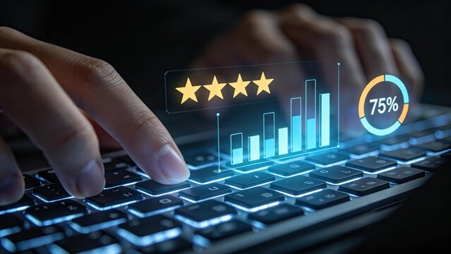 Closeup of hands typing on laptop keyboard with holographic five star rating bar chart and 75 percent circle digital analytics customer feedback business performance data visualization tech interface