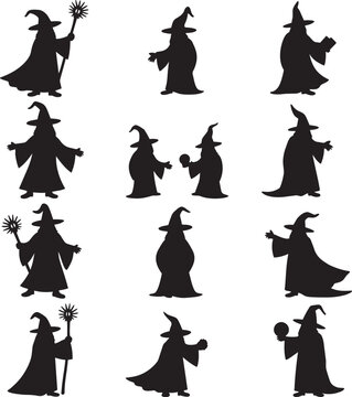 Silhouette wizards in various poses holding staffs and magical orbs against a white background