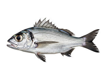 Fototapeta premium Graceful striped sea bass swimming in natural aquatic environment isolated on transparent background
