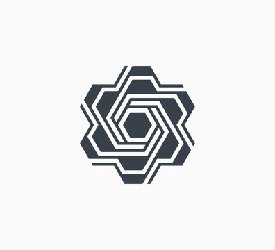 Layered hexagonal maze with interlocking lines forming a complex geometric core. Structured and precise with a futuristic feel, suitable for tech, engineering, data, or system-based brands.