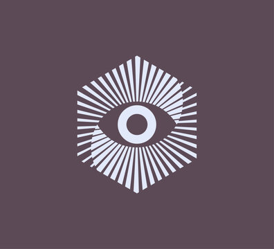 Radiating eye symbol inside a hexagonal frame with dense sunburst lines. Strong focus and surveillance feel with a modern geometric touch, suitable for security, vision tech, or analytics brands.