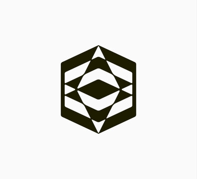 Symmetrical hexagon mark with layered geometric shapes forming an abstract eye or &ldquo;O&rdquo;. Sharp contrast and structured grid feel, ideal for tech, security, architecture, or futuristic brands.