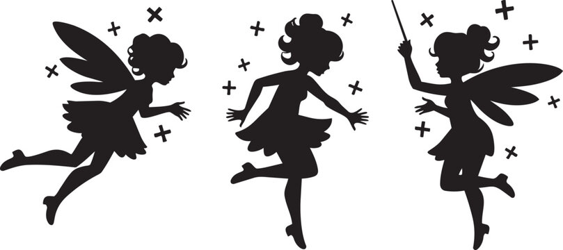 Three dancing fairies silhouette magical sprites with wings and magic wand and sparkles fantasy characters