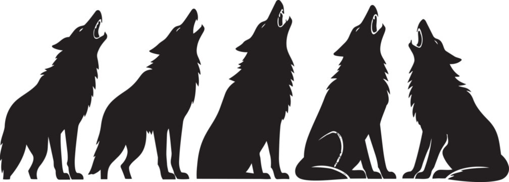 Wolf pack howling silhouettes set on white background wild animals graphic