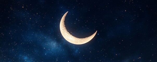 Fototapeta premium Golden Crescent Moon illuminates the vast, deep blue cosmic night sky filled with countless stars, symbolizing hope and new beginnings. Moon, Space