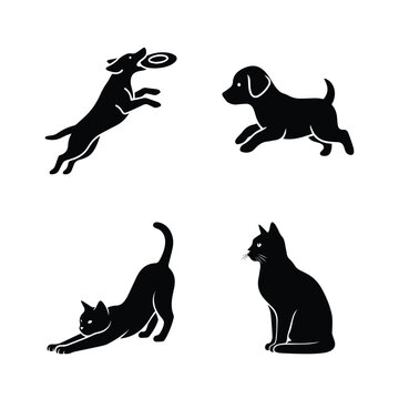 Set of black pet icons featuring dog jumping for frisbee running puppy stretching cat and sitting cat