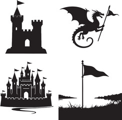 Fototapeta premium Medieval castle dragon flag icons set silhouette illustration isolated on white background