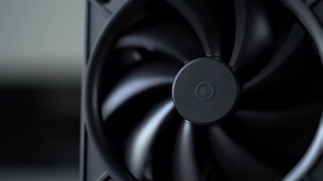 Slow motion static close up of computer fan blades spinning inside pc chassis in studio setting