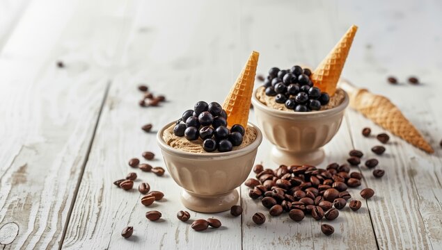 Taiwanese-style ice cream made with milky tea, Kuromitsu, black tapioca pearls, served in bowls with cones on a white wooden table.