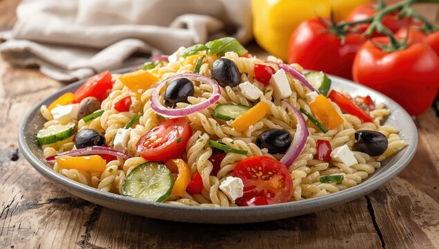 Classic orzo salad featuring tomatoes, cucumbers, feta, olives, red onions, sweet peppers, and risoni pasta. Healthy dining idea. Landscape format. Empty space.