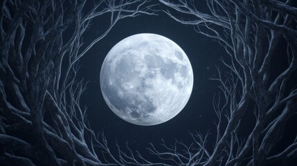Naklejka premium Lunar Gateway Luminous full moon framed by skeletal, gnarled tree branches under a dark, starry night sky. Eerie, mystical forest portal. ,Moon,Night