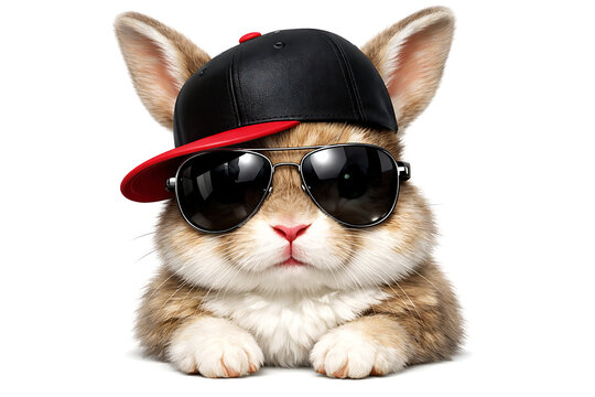 Cool cute bunny rabbit wearing black sunglasses and a backwards baseball cap