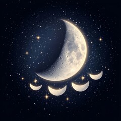 Naklejka premium Majestic crescent moon illuminates four smaller crescent steps on a deep, star-studded night sky. A serene celestial journey. Moon, Cosmic