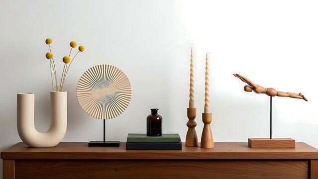 Modern home decor items on a wooden sideboard against a white wall  decorative objects