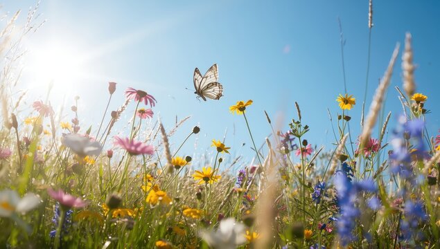 A white butterfly glides unhindered through a blooming field.
