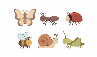 Cute insects vector set with butterfly ant ladybug bee snail and grasshopper cartoon isolated on white © SobujChandra