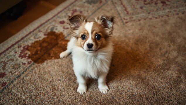 Adorable papillon puppy by damp carpet area.