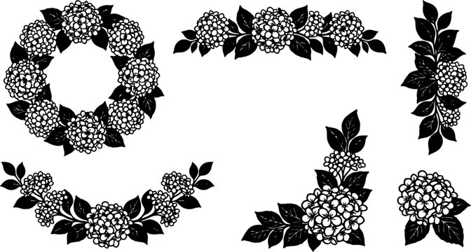 Vector line art floral hydrangea garland wreath patterns for decoration and craft projects