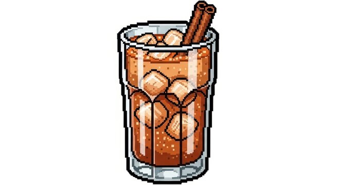 Refreshing iced beverage with spice sticks presented in pixel art style