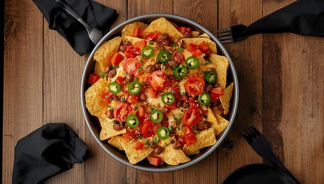 Aerial view of a circular baking dish filled with loaded nachos for sharing.