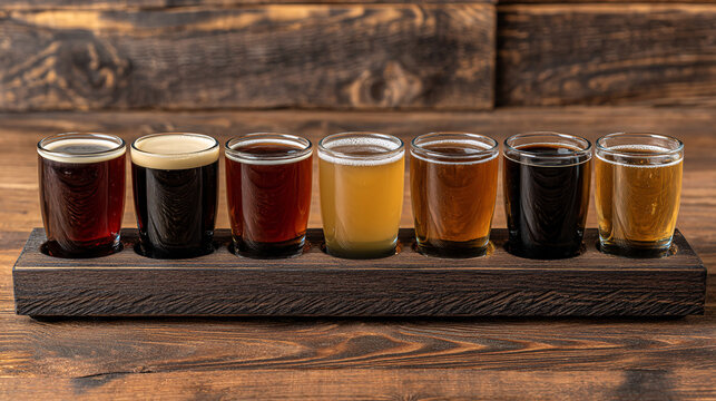 Sampling diverse beers on wooden tray at brewery for tasting experience