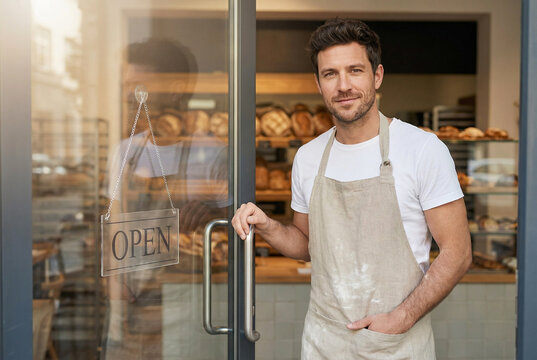 Confident male bakery owner standing at entrance with open sign