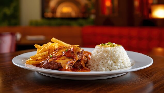 Beef parmegiana, rice, and fries. Classic Brazilian lunch option.