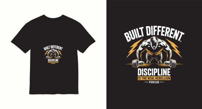 Built different discipline is real rebellion focus man lifting weights workout graphic