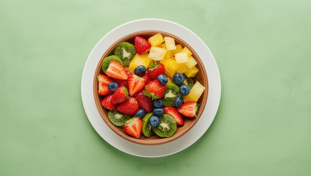 Bird's-eye image of a nutritious fruit salad on a green backdrop.