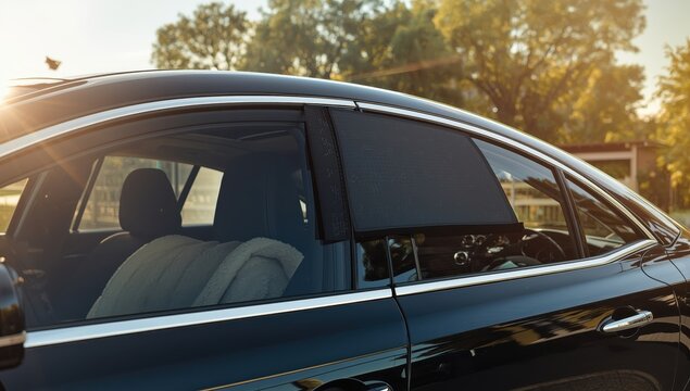 Black rectangular sunshade for car window.