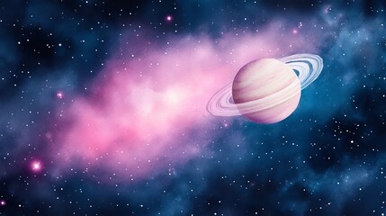 Fototapeta premium Pastel watercolor Saturn floating amidst a vibrant pink and blue starlit nebula, a serene cosmic dreamscape.,Space,Galaxy
