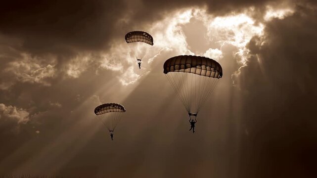 Paratroopers descending through a dramatic sky, Paratroopers glide down through a vivid, dramatic sky