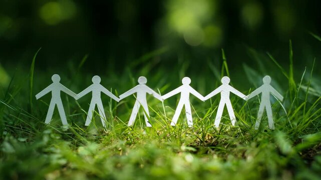 Paper human chain holding hands together and standing on the green grasses, A paper human chain holding hands