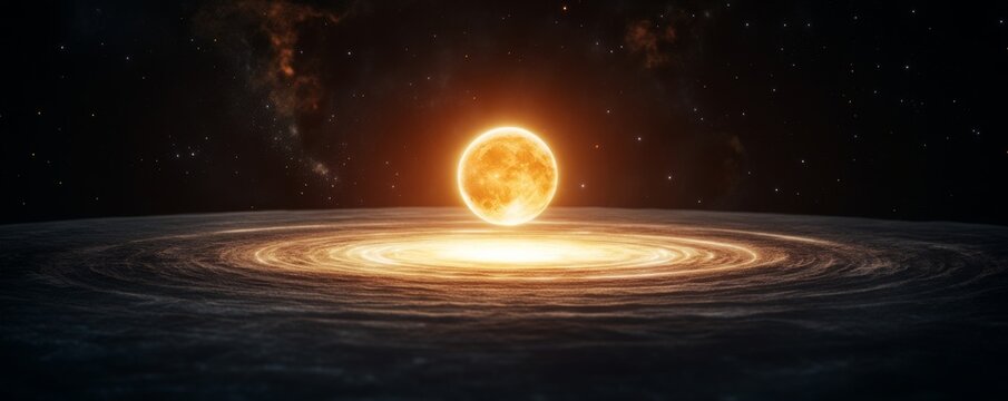 Radiant orange orb illuminates a swirling golden accretion disk, with a dark starry nebula background, depicting cosmic creation and gravitational pull., Space, Galaxy