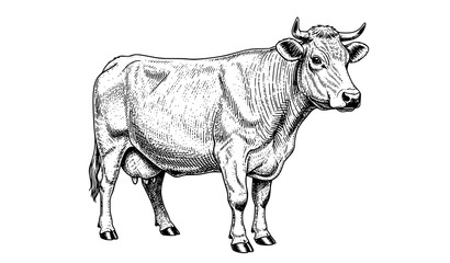 Fototapeta premium Antique cow engraving illustration vintage livestock farm animal vector art