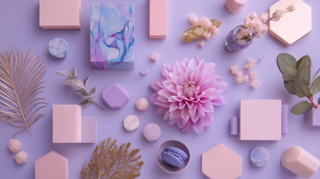 Pastel Color Palette with Geometric Shapes and Flower Flatlay, An artistic arrangement of pastel geometric shapes and flowers in a flatlay