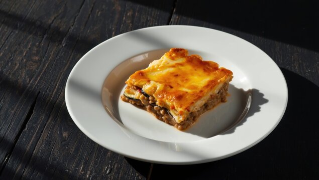 Classic Greek moussaka on a white dish atop a dark wood table.