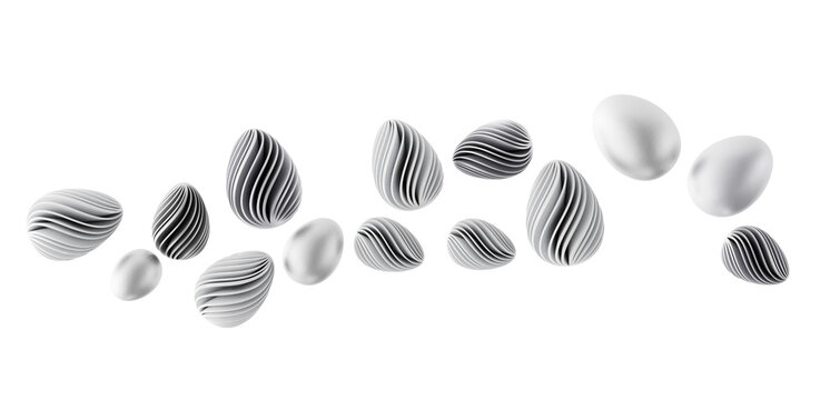 Monochromatic abstract image of 3D-rendered Easter eggs with layered textures and modern look.