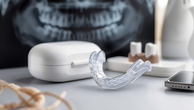 Clear aligners for lower jaw with storage case and dental X-ray.