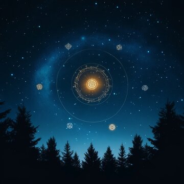 Starry Night Forest Sky Golden Celestial Orb with Astral Rings and glowing Runes above Silhouetted Pines, an ancient mystical cosmos map. Cosmology, Enchantment