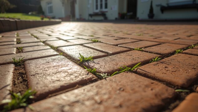 Close-up shot of a driveway made of block paving, taken from a low angle.