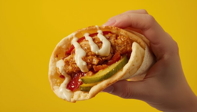 Closeup of a woman with tasty chicken shawarma on a yellow backdrop.
