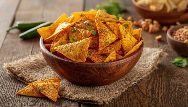 Corn chips with spices in a brown wooden bowl on burlap atop a table.