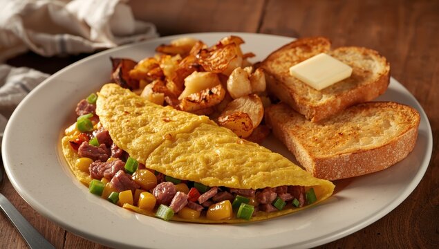 corned beef hash omelet with hash browns and toast