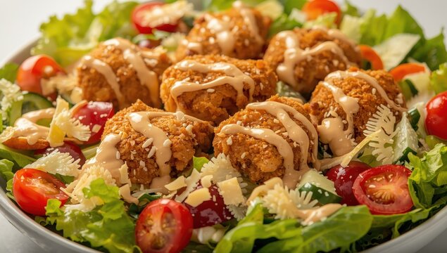 Crispy chicken nugget salad with fresh veggies and cheese, blank space.