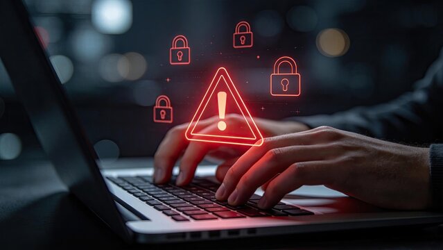 Cybersecurity concept showing hacker attack warning on laptop with glowing lock icons and red alert sign illustrating data breach internet safety and digital privacy protection