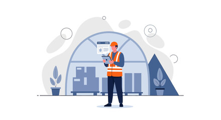 Fototapeta premium Warehouse worker using tablet for inventory control and logistics management, focusing on