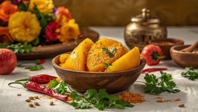 DIY Mango Pickle or Kairi Loncha Recipe with Components.